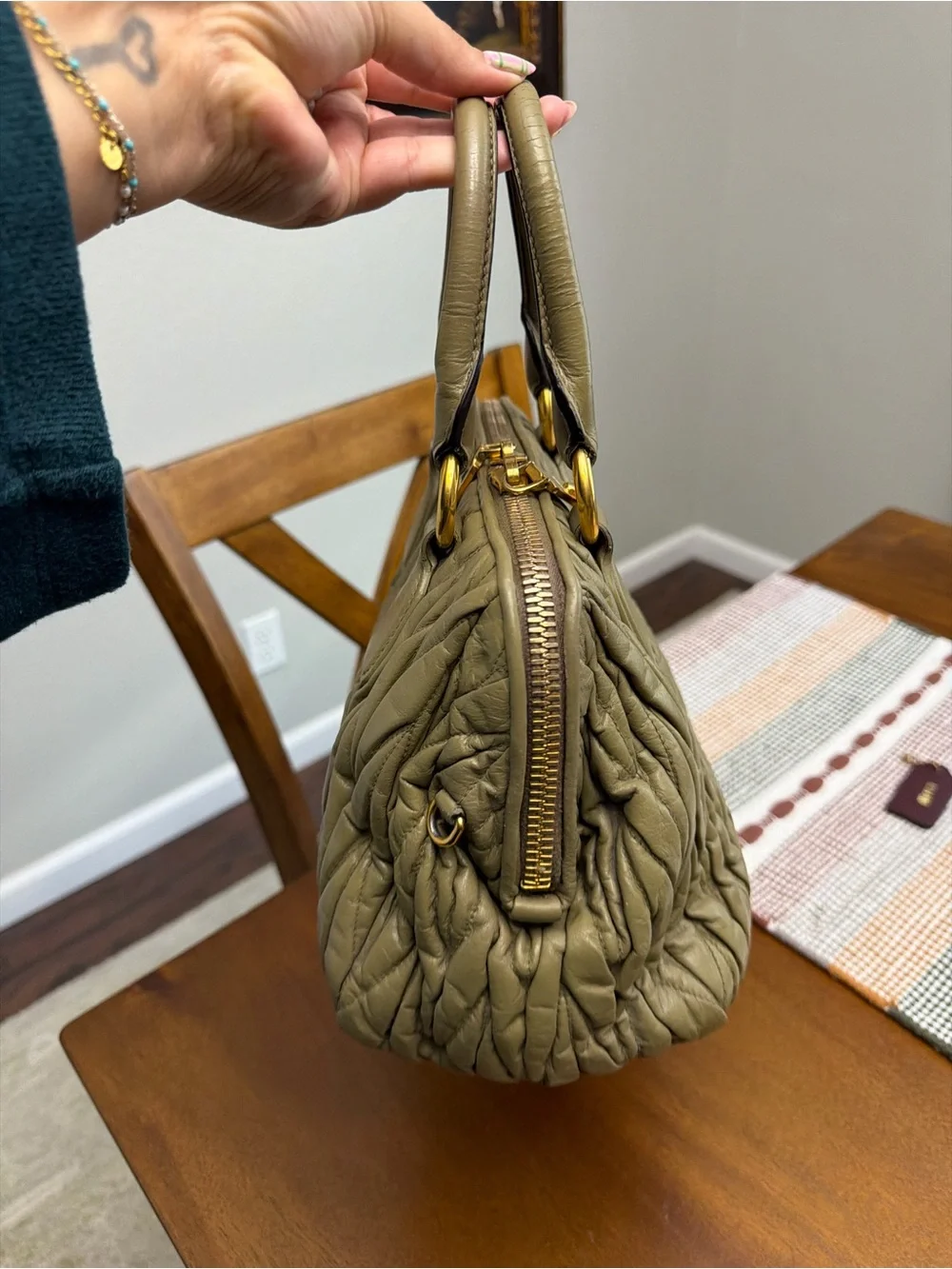 Miu Miu Olive Quilted Matelassé Leather Satchel with Gold Hardware